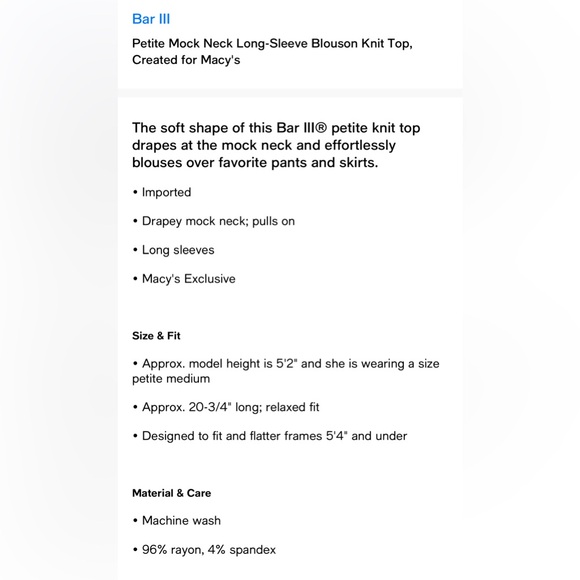 Bar III Petite Mock Neck Long-Sleeve Blouson Knit Top - Picture 2 of 2